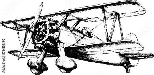 Vintage airplane illustration featuring a detailed biplane with a prominent propeller. This is a retro vector art set in black and white.
