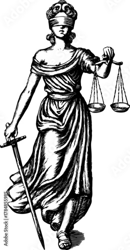 Justice Lady holding scales and a sword in vintage engraving style. This vector illustration captures a powerful symbol of law and balance in a classic design.