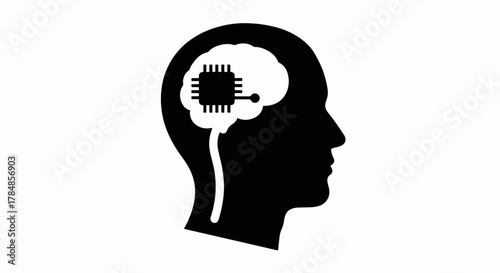 Artificial intelligence icon with a chip in a human brain. Technology and cyborg concept illustration. Minimalist flat design silhouette vector