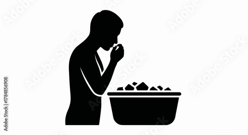 A person tasting a sample from a tub silhouette icon. Vector graphic for food quality control and consumption concepts. Minimalist black and white illustration