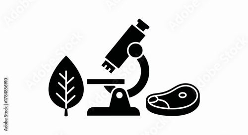 Food science analysis glyph icon. Laboratory microscope with a leaf and meat steak. Minimalist vector illustration for biology and nutrition.