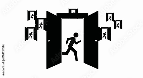 A conceptual illustration of people running through multiple exit doors. Vector icon representing escape, choice, and opportunity. Minimalist silhouette design
