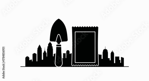 Silhouette icon of urban gardening. A garden trowel and seed packet against a city skyline. Flat vector illustration for sustainable living concepts