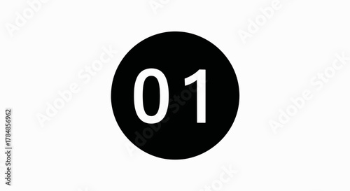 The number 01 icon in a black circle. Minimalist flat design vector graphic. Symbol for the first step, date, or number one isolated on a white background.