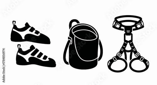 Rock climbing and bouldering equipment icon set. Vector silhouette illustration of climbing shoes, harness, and chalk bag. Minimalist flat graphic isolated on a white background