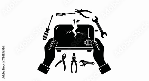 Broken appliance repair icon with tools. Flat vector illustration of hands fixing a toaster. Technical service and DIY maintenance concept