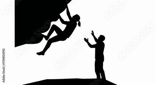 Silhouette of a woman rock climbing with a male spotter. Teamwork and support concept. Minimalist black and white vector graphic