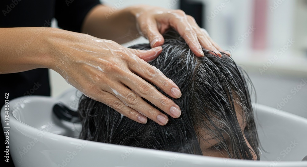 Fototapeta premium Hairdresser Massaging Shampoo into Client's Hair