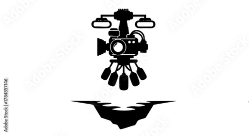 A silhouette of a futuristic camera drone. Technology and surveillance concept. Minimalist flat vector illustration isolated on a white background