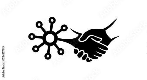 Conceptual icon of a handshake with a virus or network structure. Digital partnership and viral transmission symbol. Black and white vector graphic