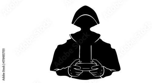 Silhouette of a gamer in a hoodie holding a controller. Minimalist black and white vector illustration. Gaming and esports concept icon