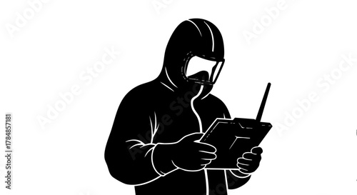 Operator in a protective suit holding a remote control. Black and white silhouette vector icon. Technology and robotics concept illustration