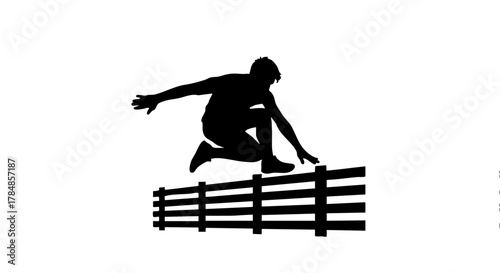 Silhouette of a person jumping over a fence. Overcoming obstacles and challenges concept. Minimalist black and white vector illustration
