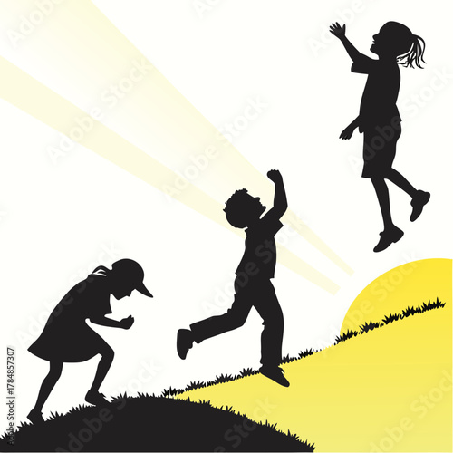 Children silhouettes running up hill towards bright light and sun