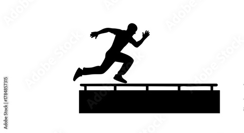 Silhouette of a man running and jumping over an obstacle. Parkour and free running vector icon. Minimalist graphic for sport and business challenge concepts