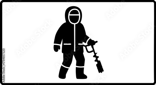 Vector icon of an ice fisherman with an auger. Black and white silhouette sign for winter sports. Minimalist flat design graphic