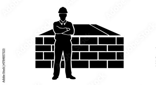Silhouette icon of a construction worker or engineer. Professional builder in a hard hat in front of a brick wall. Minimalist flat vector illustration