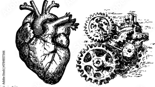 Heart and gear illustration in vintage black and white outline style. Detailed vector illustration as a set showcasing anatomical and mechanical elements.