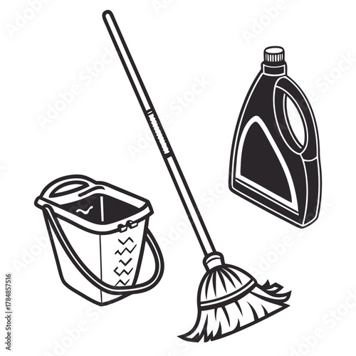 Cleaning supplies including a mop bucket and cleaning solution bottle