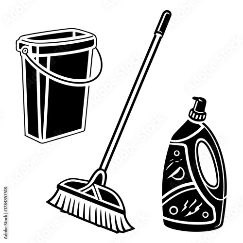 Cleaning supplies including a mop bucket and cleaning liquid bottle