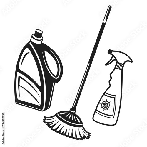 Cleaning supplies including a mop and two bottles of cleaning solution