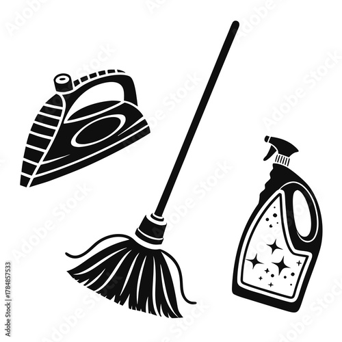 Black silhouette of cleaning supplies including an iron mop and spray bottle