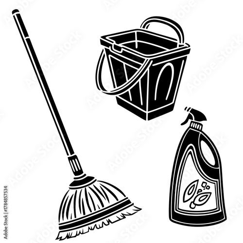Black and white illustration of cleaning supplies including a mop bucket and spray bottle