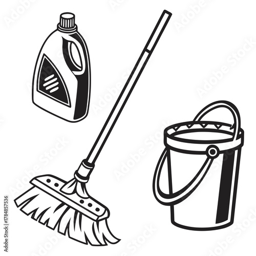 Cleaning supplies including a mop bottle of cleaner and bucket