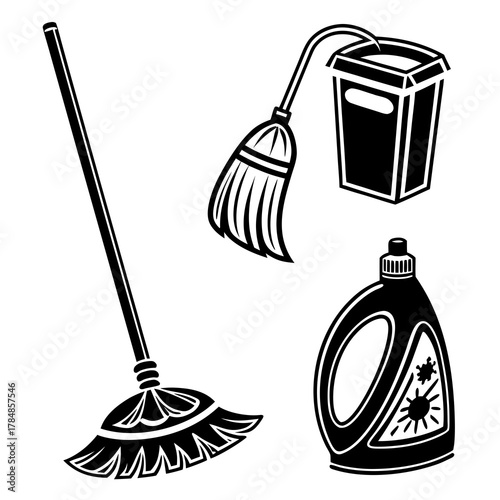 Black and white illustration of cleaning supplies including a broom dustpan and cleaning liquid
