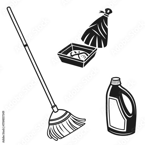 Cleaning supplies including a mop dustpan and cleaning liquid bottle