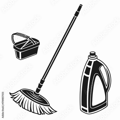 Cleaning supplies including a mop bucket and cleaning solution bottle