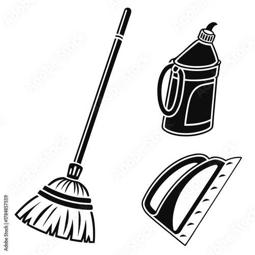 Set of cleaning tools including a broom cleaning liquid bottle and dustpan