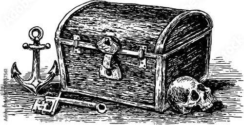 Vintage illustration of a treasure chest with an anchor, skull, and key details. This black and white outline set evokes a nostalgic maritime theme.
