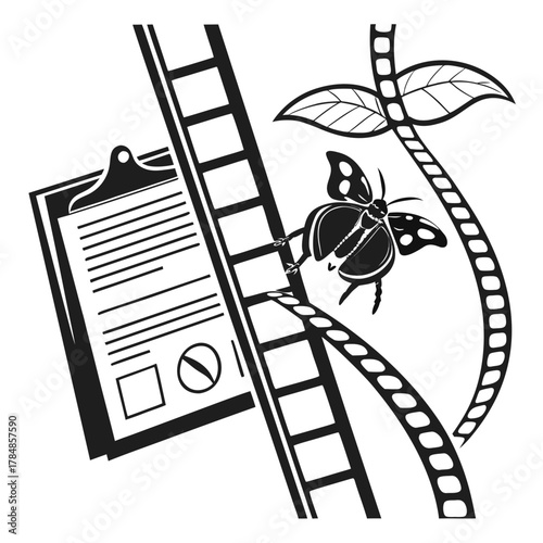 Ladybug on film strip with clipboard and plant