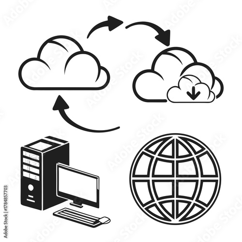 Cloud computing and data transfer icons with computer and globe