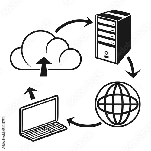 Cloud computing network diagram with server laptop and globe icons