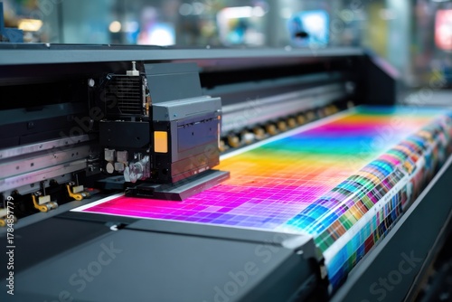 Close-up of a large-format digital printer producing a colorful test pattern on roll material in a professional print shop.