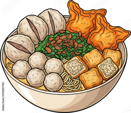 Detailed Vector Graphic of Asian Bakso Bowl with Wontons