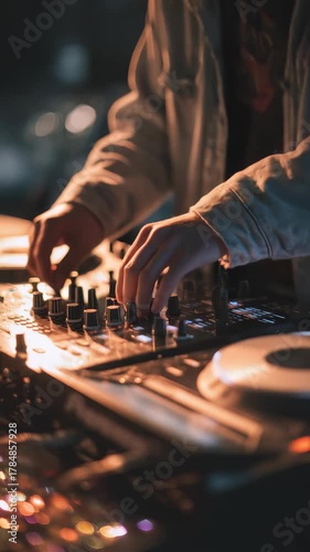 Focused DJ hands operate a modern mixing console, blending tracks for a lively crowd. The scene captures nightlife energy and the artistry of electronic music performance
