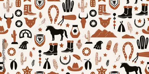 Whimsical western pattern featuring cowboy boots horses cacti and horseshoe icons