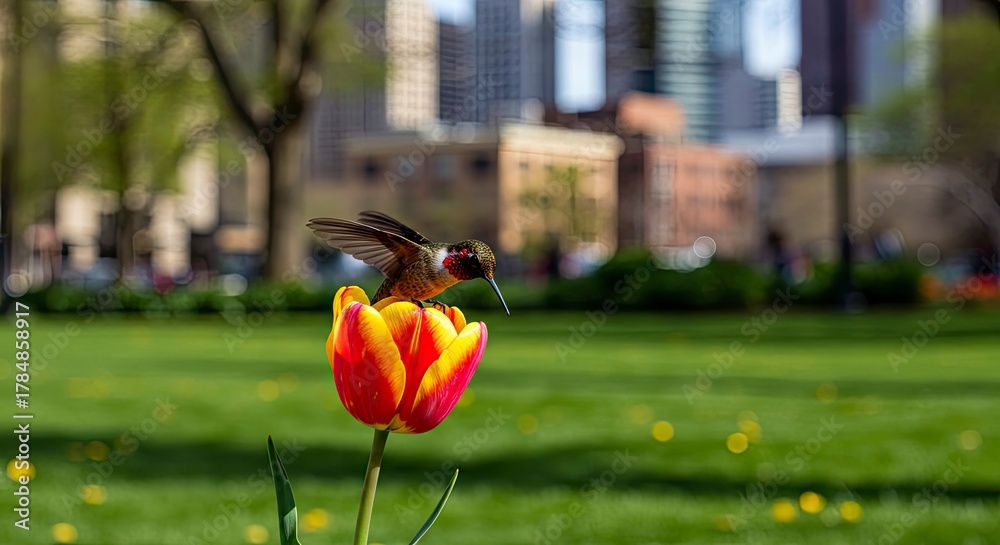 Obraz premium Hummingbird Perched on a Vibrant Tulip in Urban Park