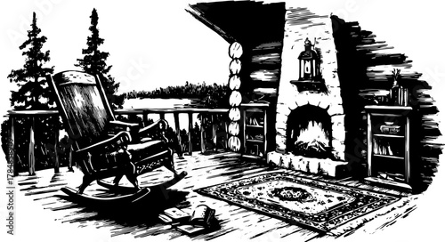 Vintage engraving of a cozy cabin interior featuring a rocking chair and fireplace. Hand-drawn outline style in black vector illustration set.