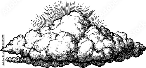 Vintage cloud illustration. Detailed black and white outline drawing with artistic shading and sunbeam elements, creating a classic vector artwork set.