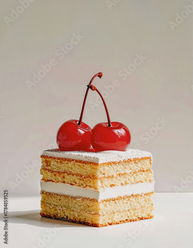 Square Layered Vanilla Shortcake Topped with Glazed Cherries