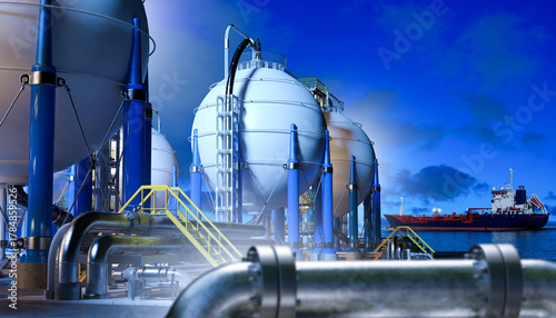 Photography Oil and gas industry facility stores and processes liquefied natural gas for transportation and energy production via maritime logistics