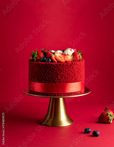 Red Velvet Whole Cake with Fresh Berries on Gold Stand