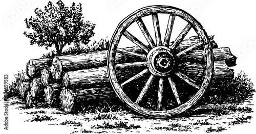 Antique wagon wheel rests beside chopped logs under a tree. Engraved silhouette in black, this vector illustration captures a rural countryside set.