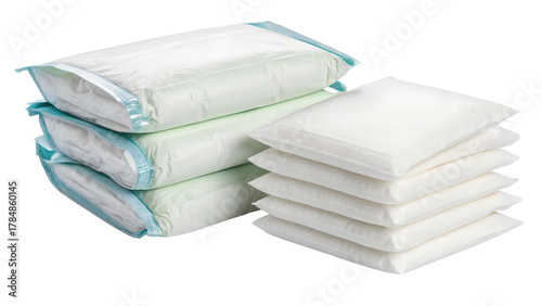 Stack of white disposable pads with blue and green trim, isolated on transparent background