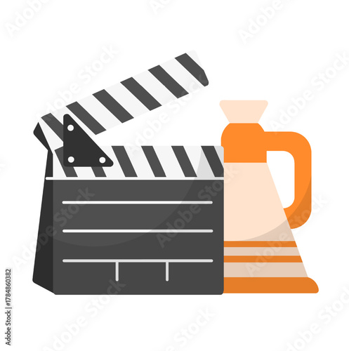 Clapper Board and Megaphone Illustration Isolated on White Background