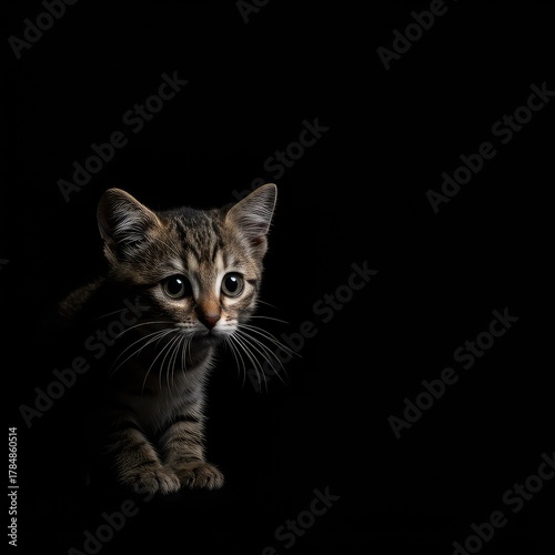 A small, trembling feline creature is paralyzed with fear, hiding in the shadows and staring wide-eyed at an unseen threat ,shadow ,intense ,stressed
